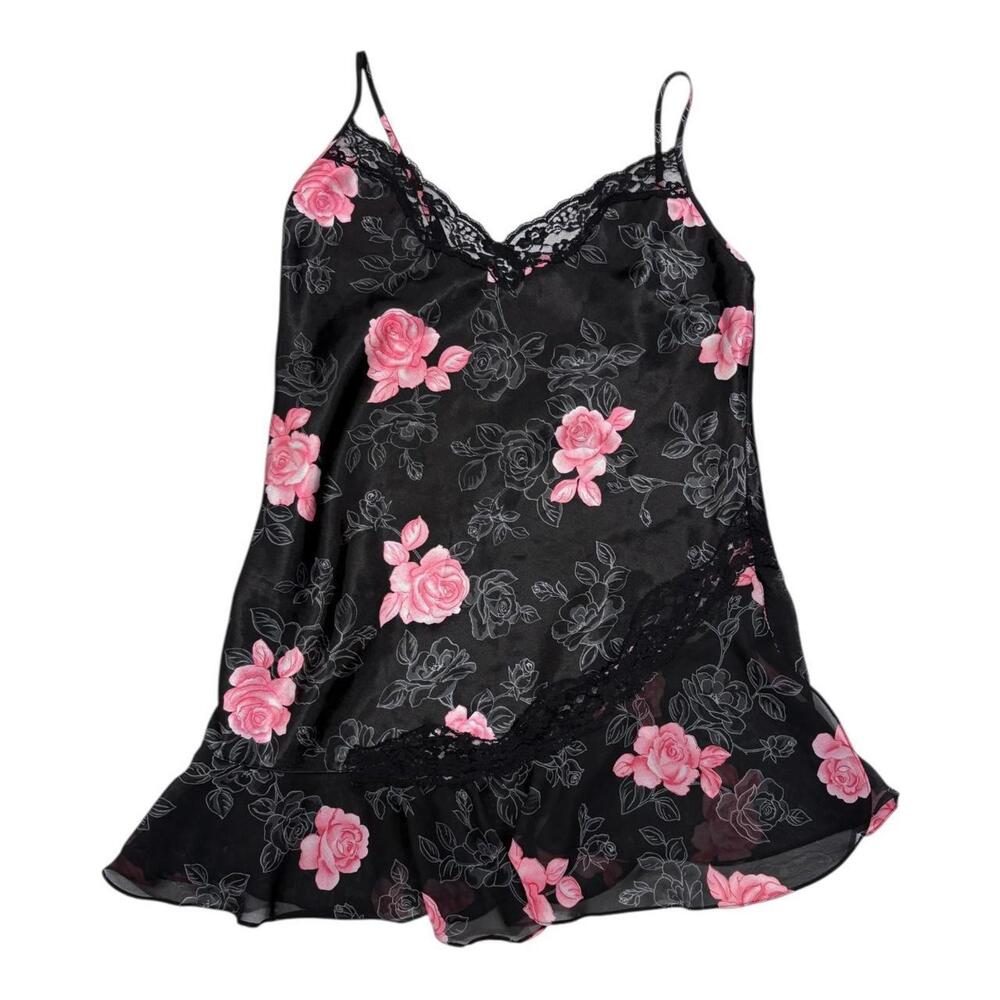 Y2K black & pink floral lace slip dress with lace detail